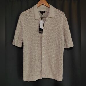 Truth Beige Men's Short Sleeve Crochet Knit Button Up Top NWT